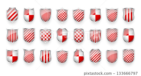 Glossy shields with red and black white. Security and protection concept. Cyber safety icons, internet privacy, web defense, digital data protection and antivirus themes. Vector illustration 133666797