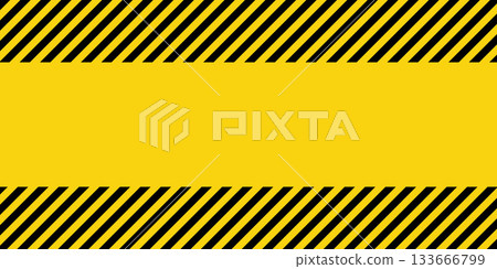 Warning sign with yellow and black diagonal lines. Attention, danger or caution symbol. Construction site signage, road safety notice, hazard banner, security alert shield. Vector illustration 133666799