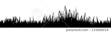 Meadow silhouette with grass, plants on plain. Panoramic summer lawn landscape with herbs, various weeds. Herbal border, frame element. Black horizontal banners. Vector illustration 133666819