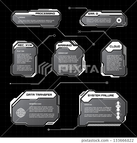 White futuristic HUD, UI elements. Sci-fi user interface text boxes, callouts. Warning message frames, information boxes template. Modern game interface layout in digital style. Vector illustration 133666822