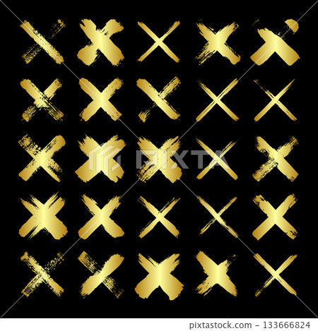 Golden grunge crosses, brush strokes, lines, ink smudges, hand-drawn scribble shapes. Handmade sketchy marks, acrylic stains, charcoal streaks. Paint textures, dry brush effect. Vector illustration 133666824
