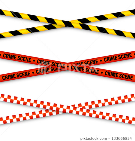 Barricade construction tape. Colorful police warning line, brightly colored danger or hazard stripe, ribbon. Restricted area, zone. Attention symbol. Vector illustration 133666834