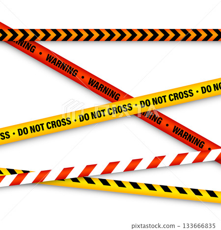 Barricade construction tape. Colorful police warning line, brightly colored danger or hazard stripe, ribbon. Restricted area, zone. Attention symbol. Vector illustration 133666835