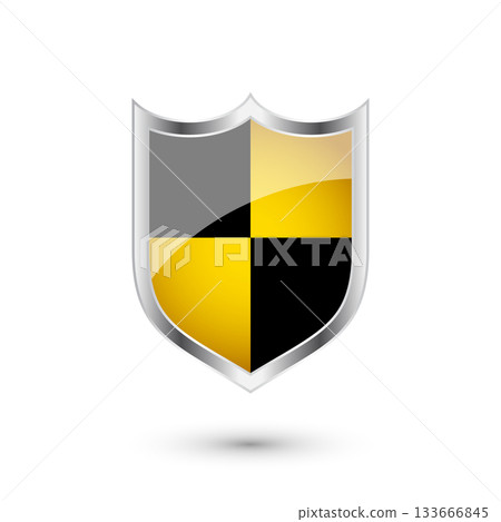 Glossy shield with yellow and black pattern. Security and protection concept. Cyber safety icons, internet privacy, web defense, digital data protection and antivirus themes. Vector illustration 133666845