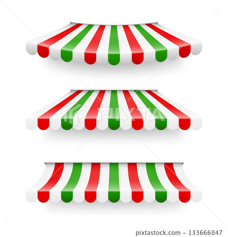 Shop sunshade. Realistic striped cafe awning. Outdoor market tent. Roof canopy in Italian flag colors. Summer street store. Vector illustration Shop sunshade. Realistic striped cafe awning. Outdoor market tent. Roof canopy in Italian flag colors. Summer street store. Vector illustration 133666847
