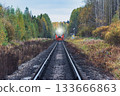 Diesel train moves in the autumn forest. 133666863