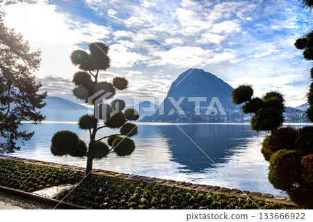 Ciani park with autumn leaf color in Lugano city AND TOPIARY TREES Ciani park with autumn leaf color in Lugano city AND TOPIARY TREES 133666922