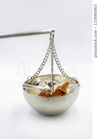 Laboratory balance bowl with vials and bottles Laboratory balance bowl with vials and bottles 133666963