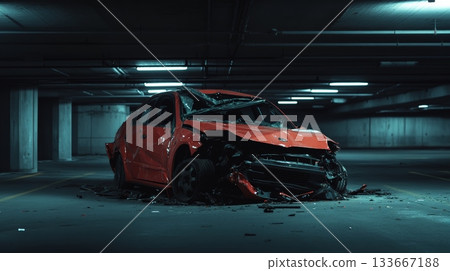Red wrecked car sits abandoned in an empty parking garage, highlighting the aftermath of a severe car accident, emphasizing themes of insurance claims, vehicle damage, and road safety 133667188