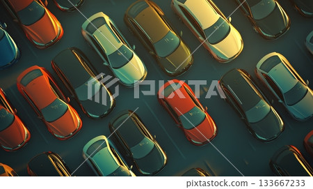 Rows of shiny new cars parked in a large outdoor dealership, illuminated by the warm golden light of late afternoon, create a visually appealing scene of automotive abundance Rows of shiny new cars parked in a large outdoor dealership, illuminated by the warm golden light of late afternoon, create a visually appealing scene of automotive abundance 133667233