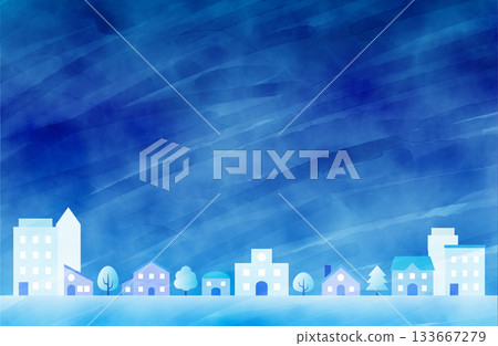 Winter night sky cityscape blue watercolor background Winter night sky cityscape blue watercolor background 133667279