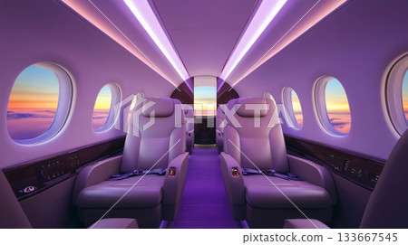 Empty comfortable seats with seatbelts are waiting for passengers inside a modern, luxury business jet cabin illuminated with purple light, flying above the clouds during a scenic sunset 133667545