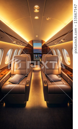 Warm interior of a private jet cabin featuring comfortable leather seats, illuminated aisle, and sunset views through the cockpit window, exuding luxury and exclusivity 133667547