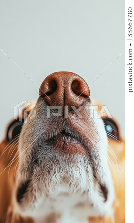 Close up of a beagle dog's nose, highlighting its sniffing abilities and the intricate details of its wet, textured nose pad against a minimalist background 133667780