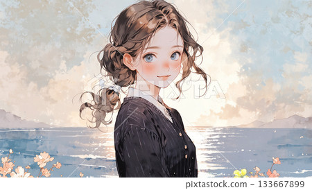 一個女孩獨自置身於風景之中──人工智慧生成素材 133667899