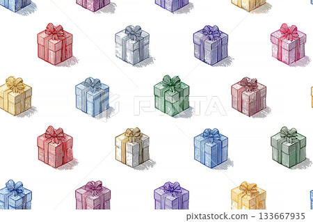 Thoughtful gift. Seamless pattern. Bright gift boxes. Hand drawn. Minimalist style. 133667935