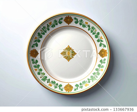 Fine dining. Ceramic plate with a green and gold pattern on a white background. Porcelain kitchenware. Close-up. Top view. 133667936