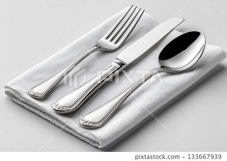 Restaurant promotions. Set for everyday dining, Fork, knife and spoon on a white background. Dining settings. 133667939