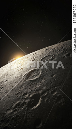 Sunlight is illuminating craters on mercury surface, creating a dramatic contrast between light and shadow, with a backdrop of distant stars in the vast expanse of space 133667962