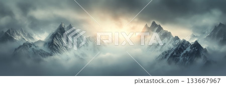 Sunlight filtering through a cloudy sky illuminates majestic, snow capped mountain peaks, crafting a breathtaking and ethereal landscape that captivates with its tranquil beauty Sunlight filtering through a cloudy sky illuminates majestic, snow capped mountain peaks, crafting a breathtaking and ethereal landscape that captivates with its tranquil beauty 133667967