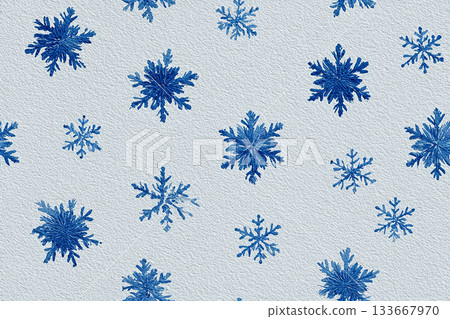Snowfall art. Seamless pattern in a drawing style. Blue snowflakes equidistant from each other. Minimalist style. 133667970