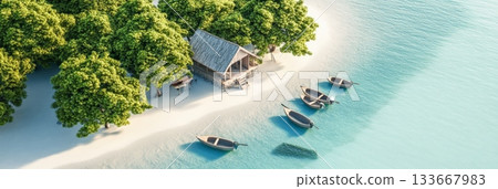 Five wooden boats floating on crystal clear turquoise water beside a white sandy beach, lush green trees, and a charming bungalow create a serene tropical paradise 133667983