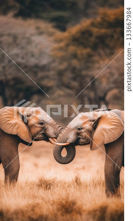 Two elephants are touching trunks in a tender moment of affection, showcasing the strong social bonds within elephant herds in their natural habitat 133667984