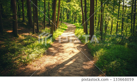 Sunlight filters through the trees, illuminating a winding dirt path that meanders through a lush green forest, creating a serene and inviting atmosphere in springtime 133668059