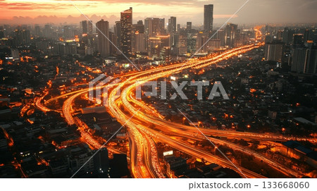 Light trails created by vehicles driving on a busy highway interchange at sunset, with illuminated skyscrapers and buildings in the background, creating a vibrant urban scene 133668060