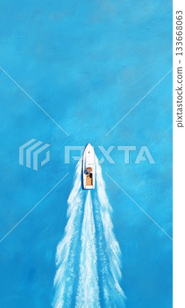 Luxury yacht sailing on perfectly calm turquoise water, leaving a white trail behind, aerial top down view, perfect image for travel and leisure concepts 133668063
