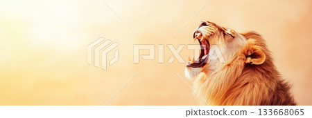 Powerful male lion roaring with mouth wide open, displaying sharp teeth and impressive mane against a blurred golden sunset, capturing the wild spirit of the african savanna 133668065