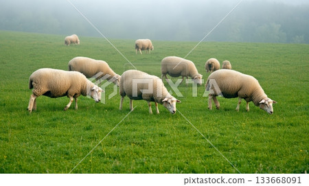 Flock of sheep grazing peacefully on a lush green pasture, enjoying the tranquil atmosphere of a misty morning in the serene countryside landscape 133668091