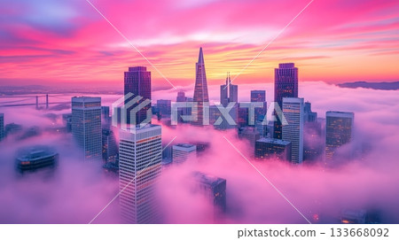 Breathtaking aerial view of the san francisco skyline at sunset, with skyscrapers rising from a thick layer of pink fog, creating a surreal and magical urban landscape 133668092
