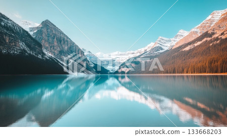Stunning turquoise water of lake louise reflects surrounding snow capped mountains and evergreen forest at sunrise in banff national park, alberta, canada, creating picturesque tranquil scene 133668203