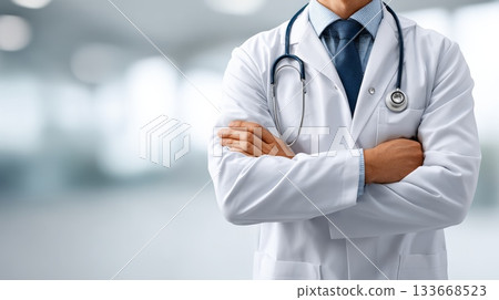 Medical professional wearing a white lab coat and stethoscope, standing with arms crossed, representing healthcare expertise, trust, and patient care in a clinical setting 133668523