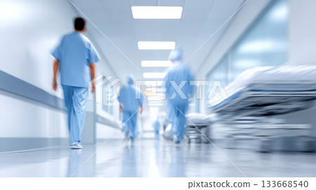 Medical staff quickly moving down a bright, sterile hospital corridor with blurred motion, conveying a sense of urgency and dedicated health care service in a critical moment Medical staff quickly moving down a bright, sterile hospital corridor with blurred motion, conveying a sense of urgency and dedicated health care service in a critical moment 133668540