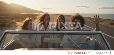 Group of four diverse friends celebrating freedom and happiness, driving a convertible car on a scenic road against a beautiful sunset and ocean view, creating joyful memories Group of four diverse friends celebrating freedom and happiness, driving a convertible car on a scenic road against a beautiful sunset and ocean view, creating joyful memories 133668541