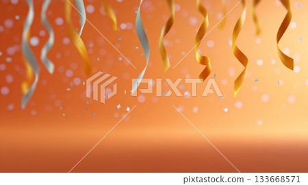 Golden and silver party streamers and falling confetti creating a festive background with soft bokeh lights and copy space, symbolizing celebration, holidays, and joy 133668571