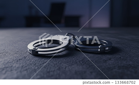 Metal handcuffs on a textured floor, conveying arrest, restraint and justice in a dim, somber settingsymbolizing crime, detention, investigation and loss of freedom 133668702