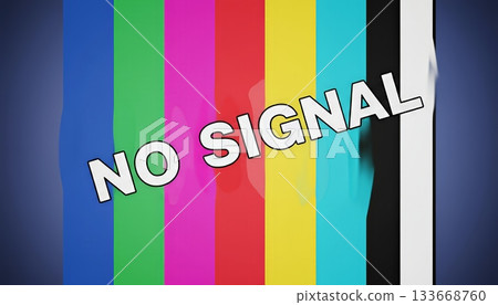 Television screen displaying a retro test pattern with no signal message, indicating a broadcast error or technical issue affecting the tv transmission 133668760
