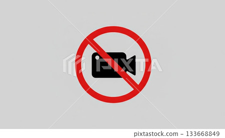 Recording video forbidden sign on a light gray background, indicating privacy, technical issues, or a camera off status for online meetings and digital communication Recording video forbidden sign on a light gray background, indicating privacy, technical issues, or a camera off status for online meetings and digital communication 133668849