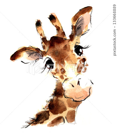 Watercolor illustration of a giraffe with a gentle expression Watercolor illustration of a giraffe with a gentle expression 133668889