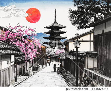 Kyoto cityscape, five-story pagoda, illustration Kyoto cityscape, five-story pagoda, illustration 133669064