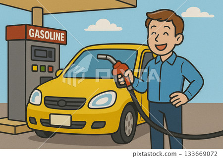 微笑的男子在加油站加油 133669072