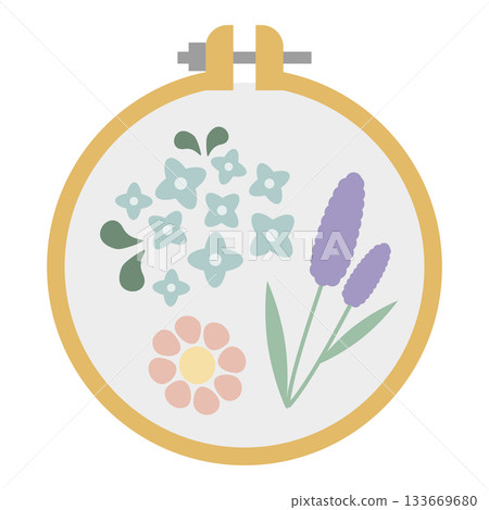 Illustration material of an embroidery frame with embroidered flowers 133669680