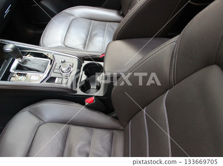 Top view of the center panel and armrest between the seats with leather upholstery inside a business class car 133669705