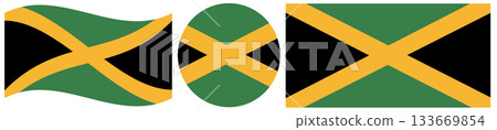 Jamaica flag collection, round flag of Jamaica in circle shape, wavy flag of Jamaica and squared flag of Jamaica Jamaica flag collection, round flag of Jamaica in circle shape, wavy flag of Jamaica and squared flag of Jamaica 133669854