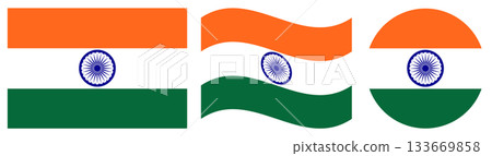 India flag collection. Round flag of India isolated in circle shape, wavy flag of India and flag of India in squared shape. 133669858