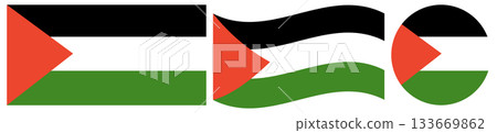 Flag of Palestine set. Round flag of Palestine isolated in circle shape. Wavy flag of Palestine. 133669862