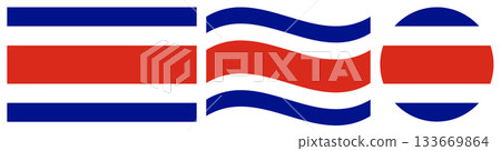 The Civil flag of Costa Rica collection. Round civil flag of Costa Rica in circle shape. Wavy flag of Costa Rica isolated. The Civil flag of Costa Rica collection. Round civil flag of Costa Rica in circle shape. Wavy flag of Costa Rica isolated. 133669864